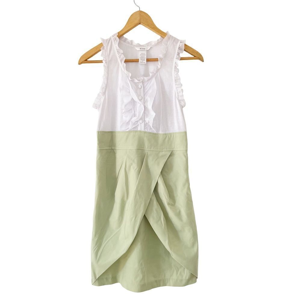 Esley White Ruffled Top Pale‎ Green Botton Sleeveless Two Tone Dress